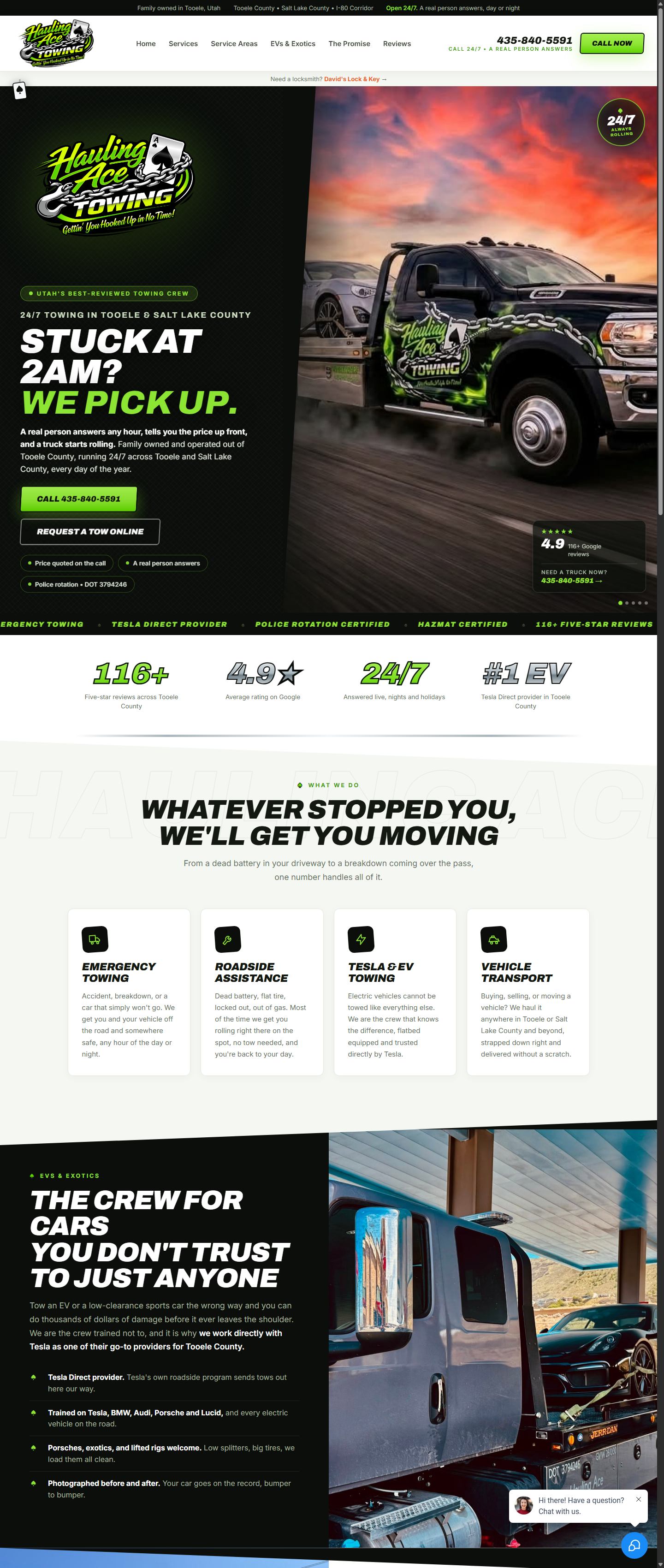 Hauling Ace Towing website, built by Green Vessel